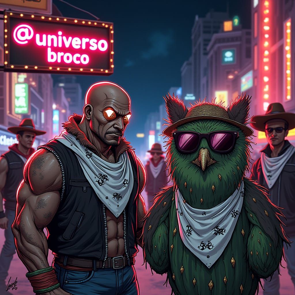 Tiny Owl and Mexican Gangster in Neon Brocolandia
