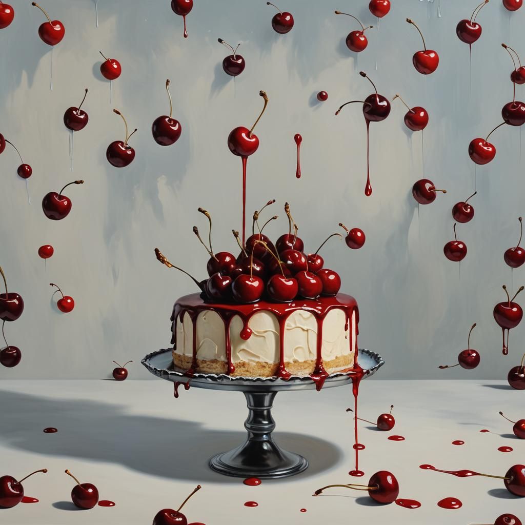 Surreal Cherry Cake in Melting Oil Style
