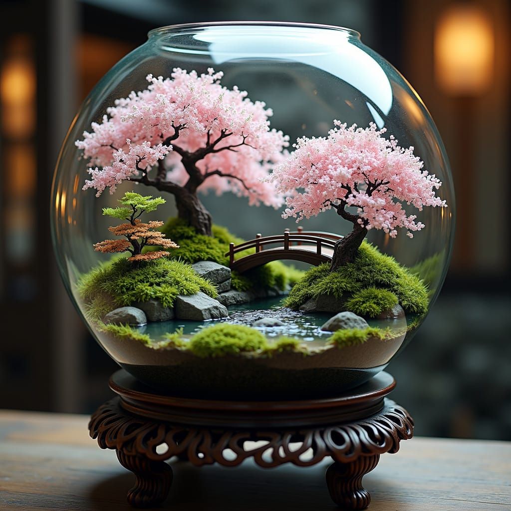 Hyperrealistic Japanese Terrarium with Bridge and Sakura Gar...