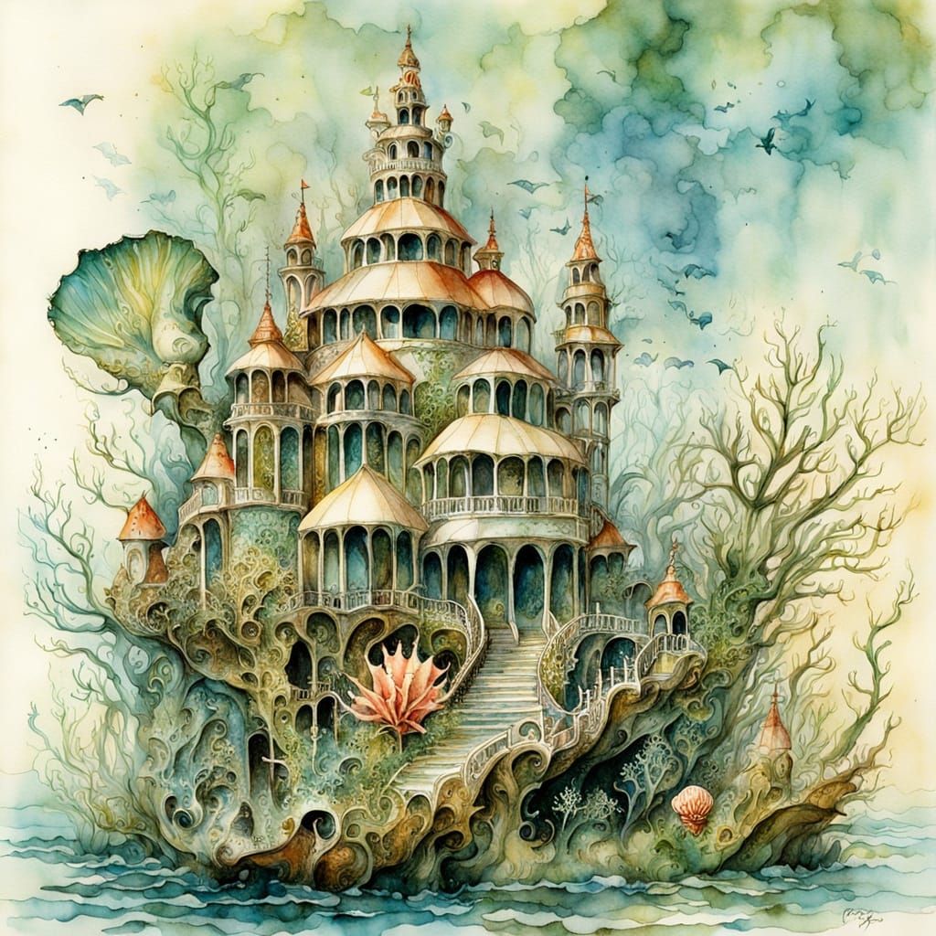 Surreal Coral Conch Illustration with Seaweed and Mollusks