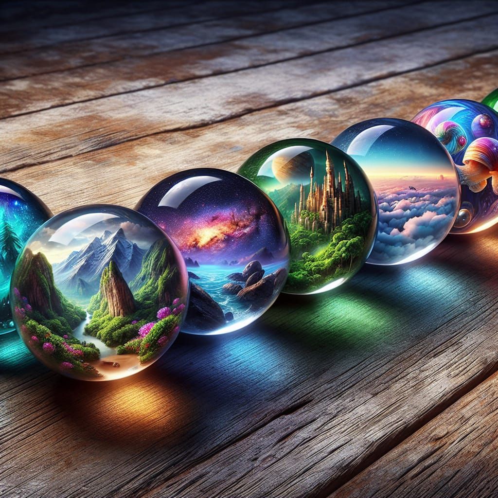 Seven Worlds in Marbles: Hyperrealistic Floor Scene