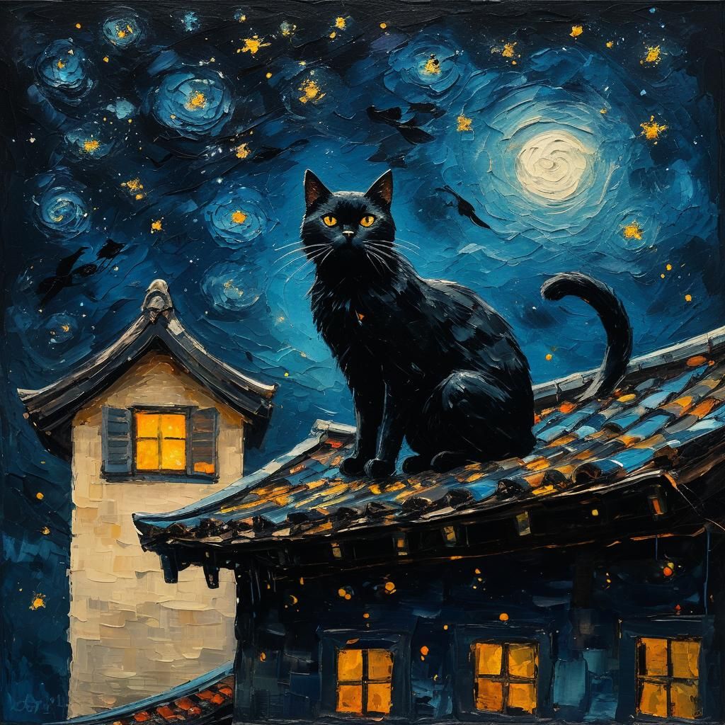 Black Cat on Japanese Roof in Impressionistic Oil Painting