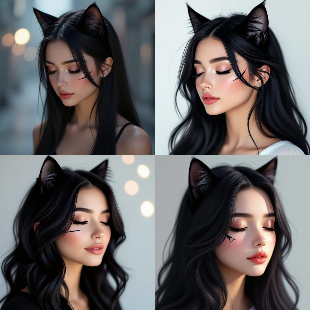 Realistic Portrait of Girl with Cat Ears and Tattoo Line