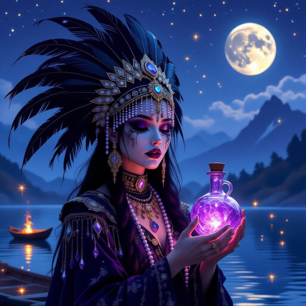 Mystical Woman in Dreamlike Night Landscape