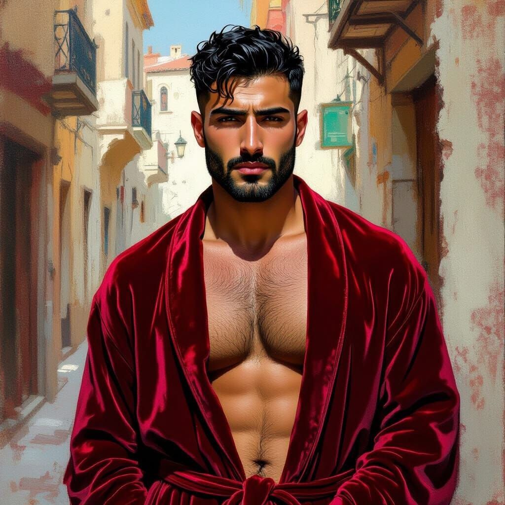 Sad Man in City Street: Impressionist Portrait