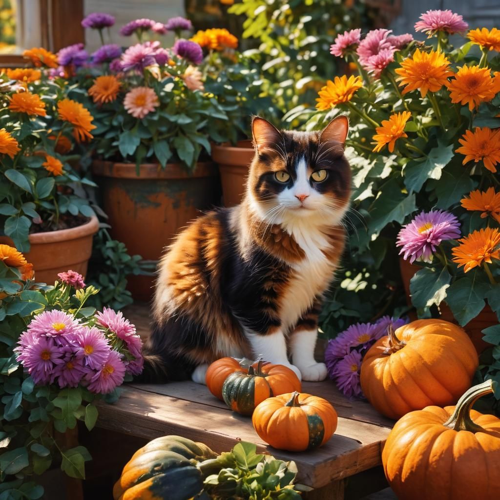 Fluffy Cat Lounging in Autumnal Still Life