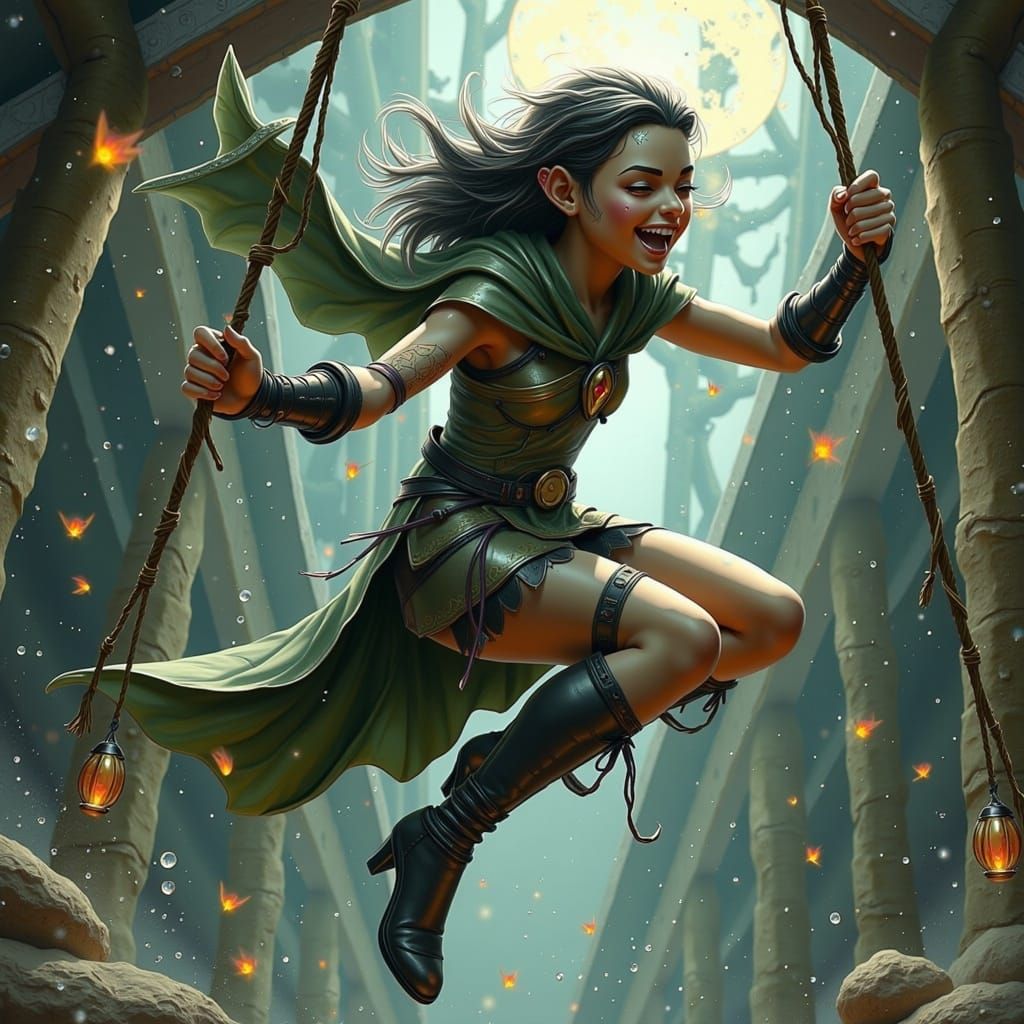 Laughing Girl Swinging in Gritty Fantasy Realism
