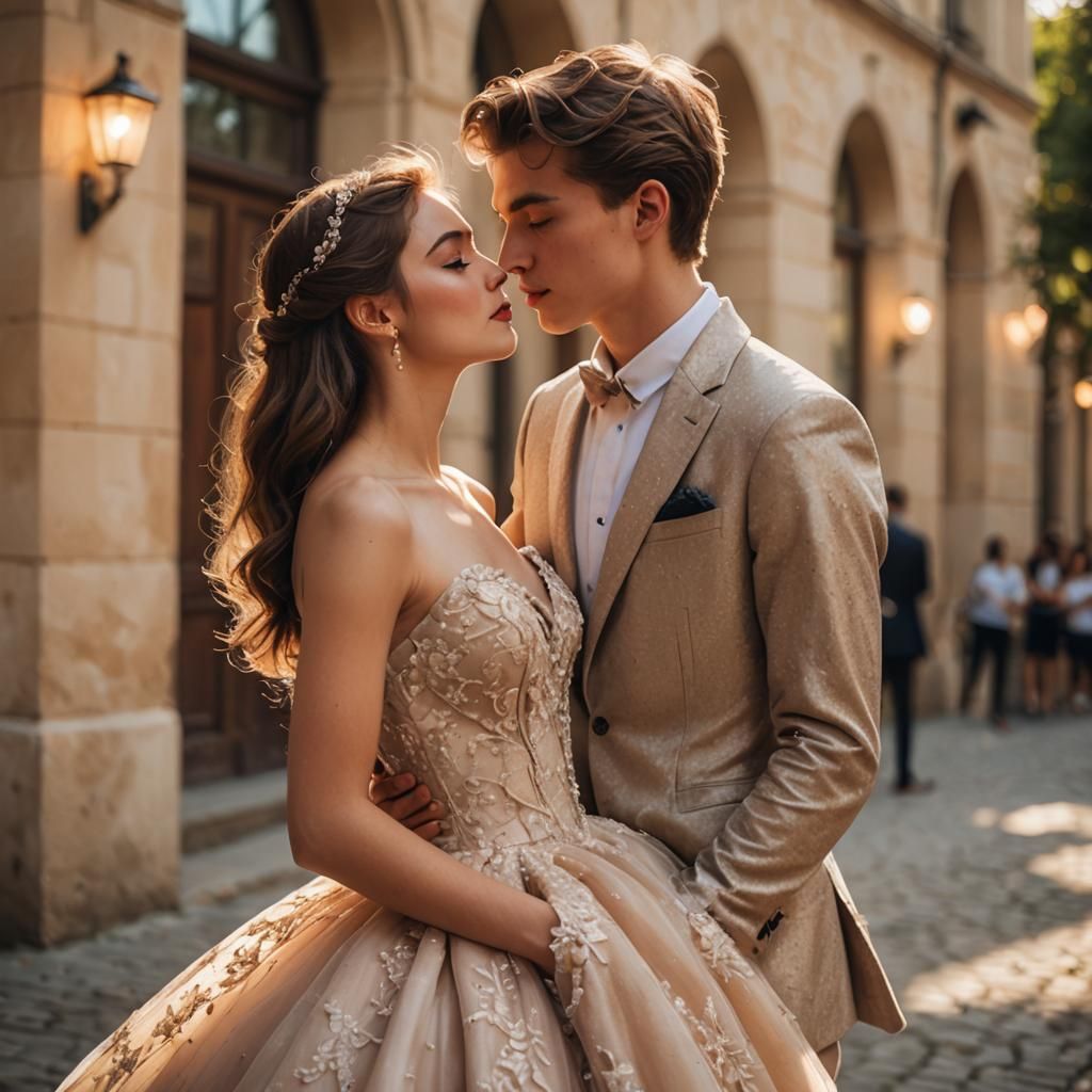 Young Woman Kisses Crossdressing Man in Ballgown