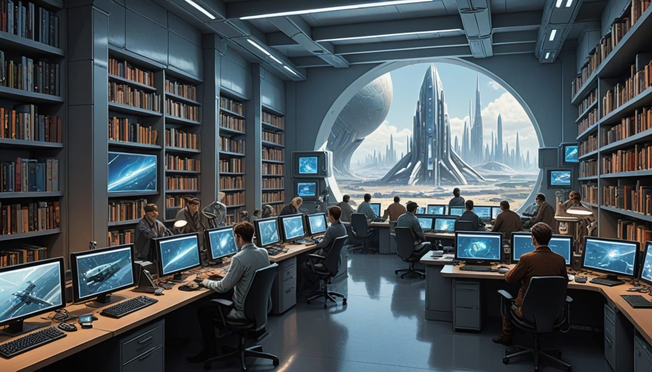Futuristic Sci-Fi Library in Moebius Style