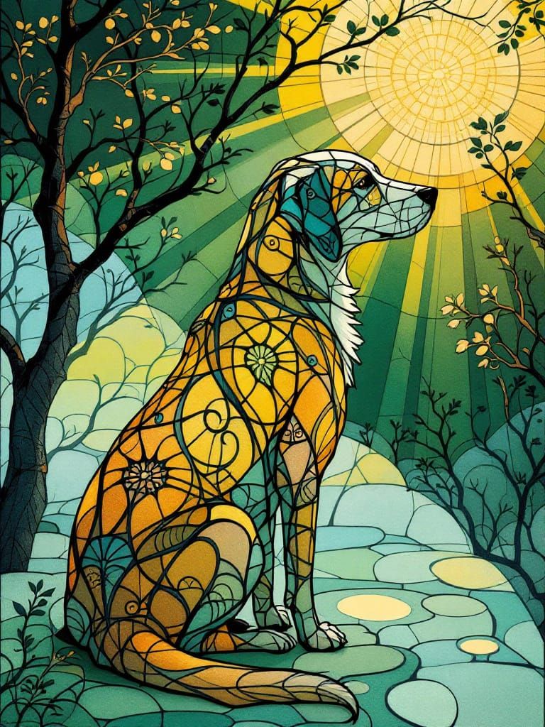 Glass Dog in Sunlit Forest, Art Nouveau Style
