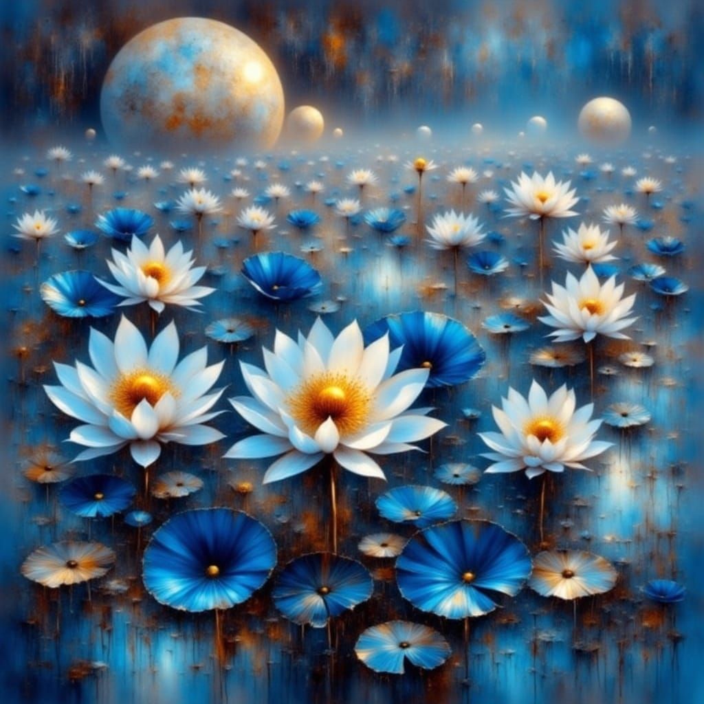 Surreal Blue Lotus in Cyberpunk Oil Painting