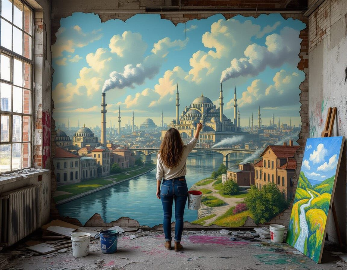 Fantasy Landscape Mural in Factory, Oil Painting