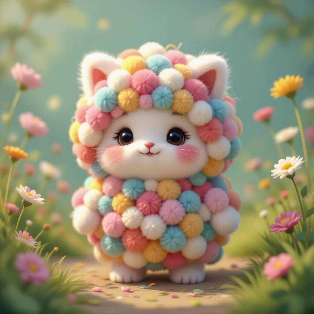 Fluffy Pom Pom Creature in Pastel Fantasy Style