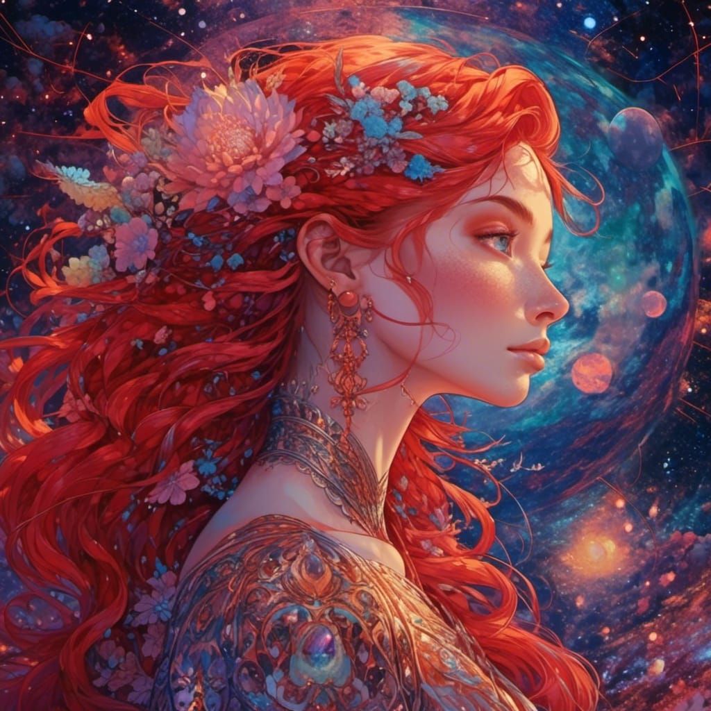 Red-Haired Goddess in Holographic Cosmic Art