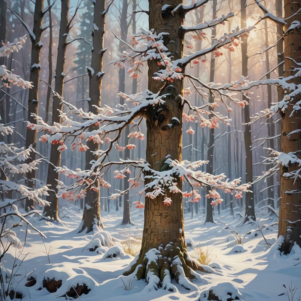 Snow Tree in Bloom: Vibrant Oil Painting