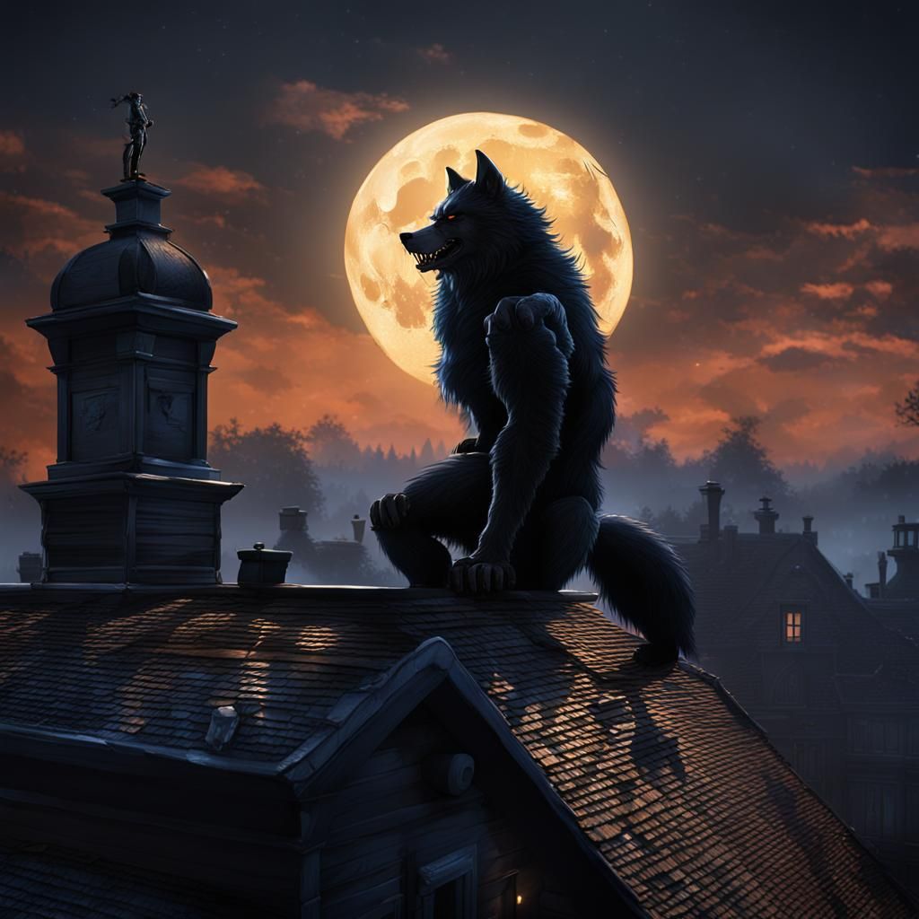 Victorian Werewolf Silhouette Under Full Moon, Realistic Mat...
