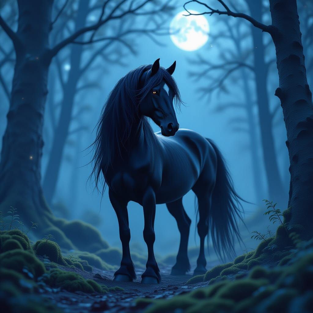 Majestic Black Horse in Enchanted Forest