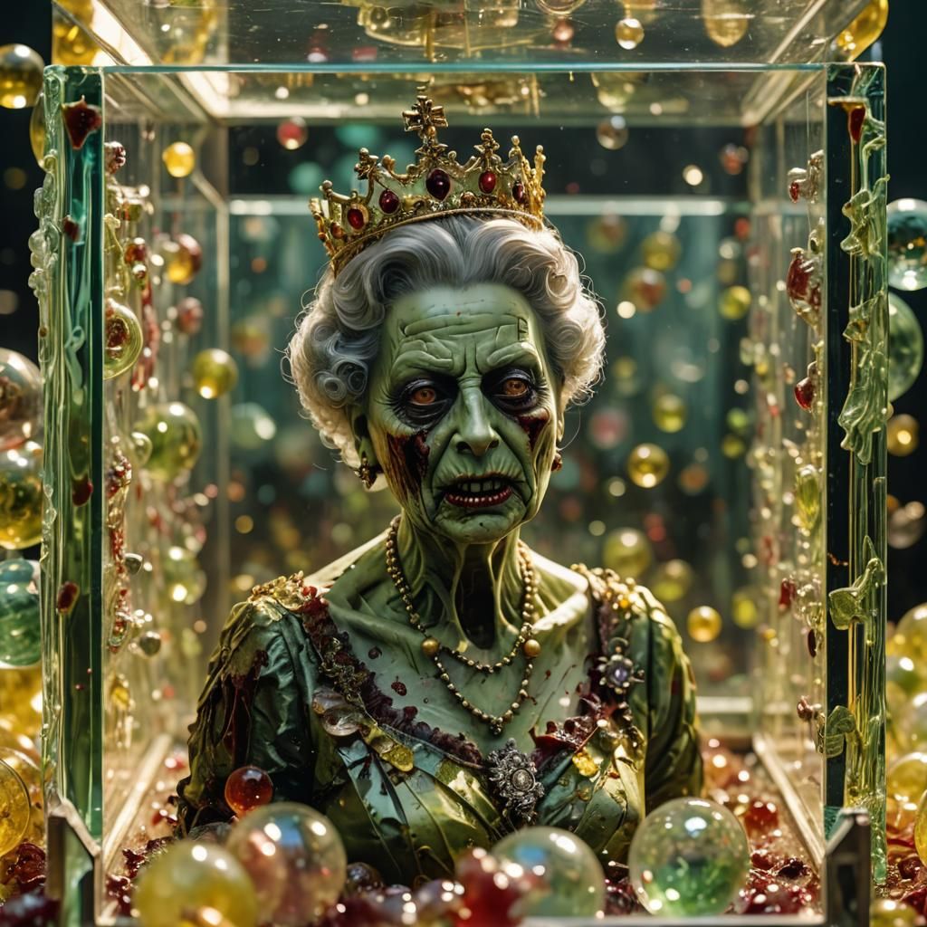 Zombie Queen in Glass Cube: Hyperrealistic Horror