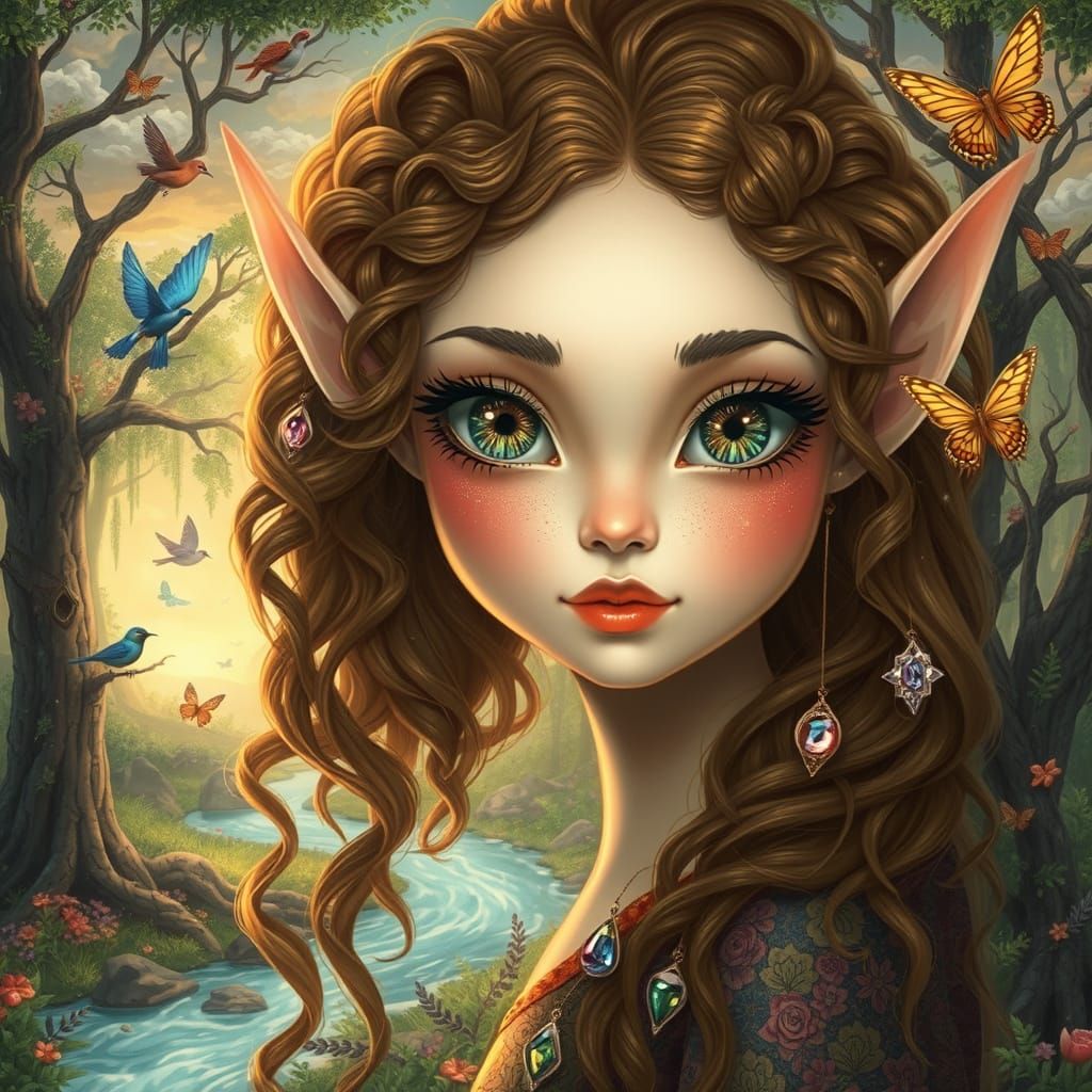 Whimsical Forest Elf in a Surreal Landscape