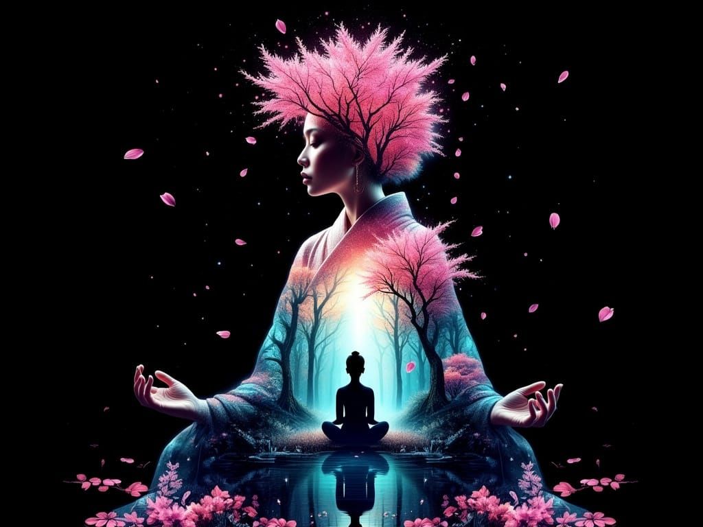 Woman in Traditional Japanese Clothing Meditating Amidst Sea...