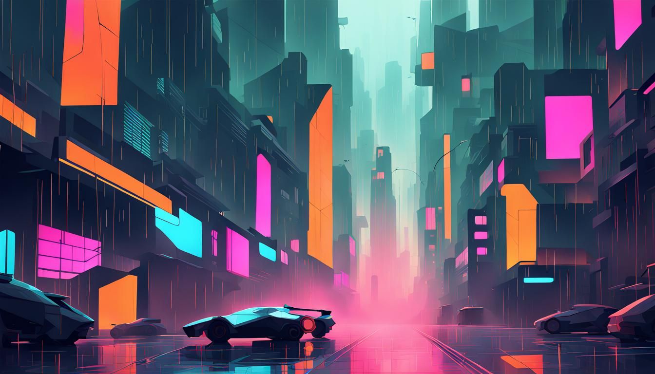 Cyberpunk Cityscape in Cubist Style with Heavy Rain