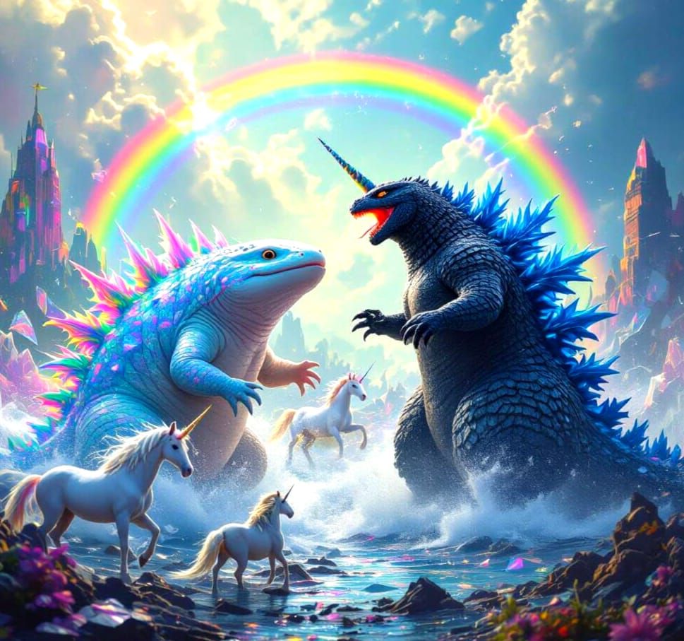 Massive Axolotl Battles Godzilla in Chaotic Unicorn Realm