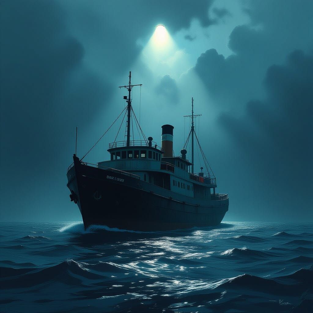 Majestic Ferry Lost at Sea in Stormy Dark Fantasy Art