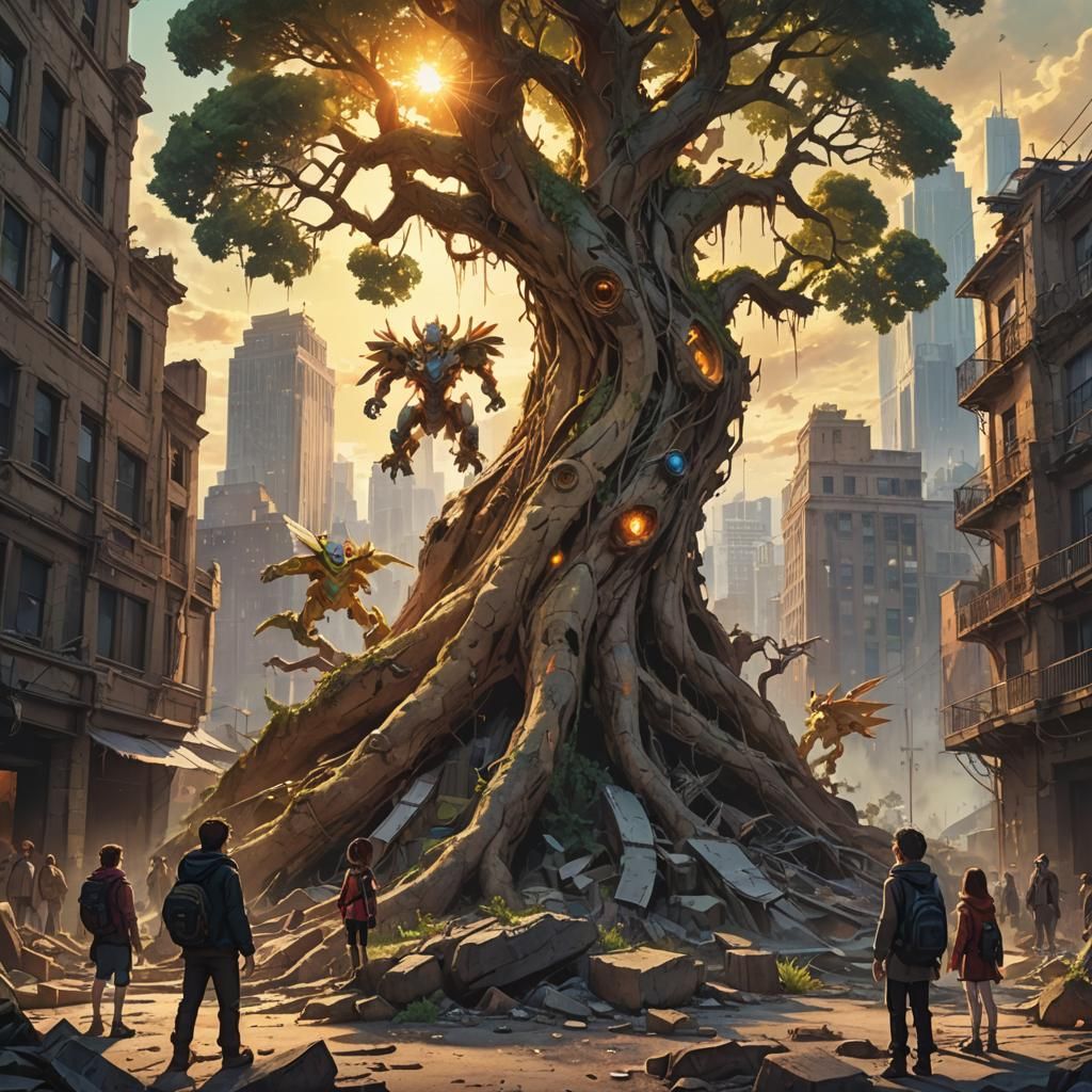 Digimon in a Ruined, Ancient City at Sunset