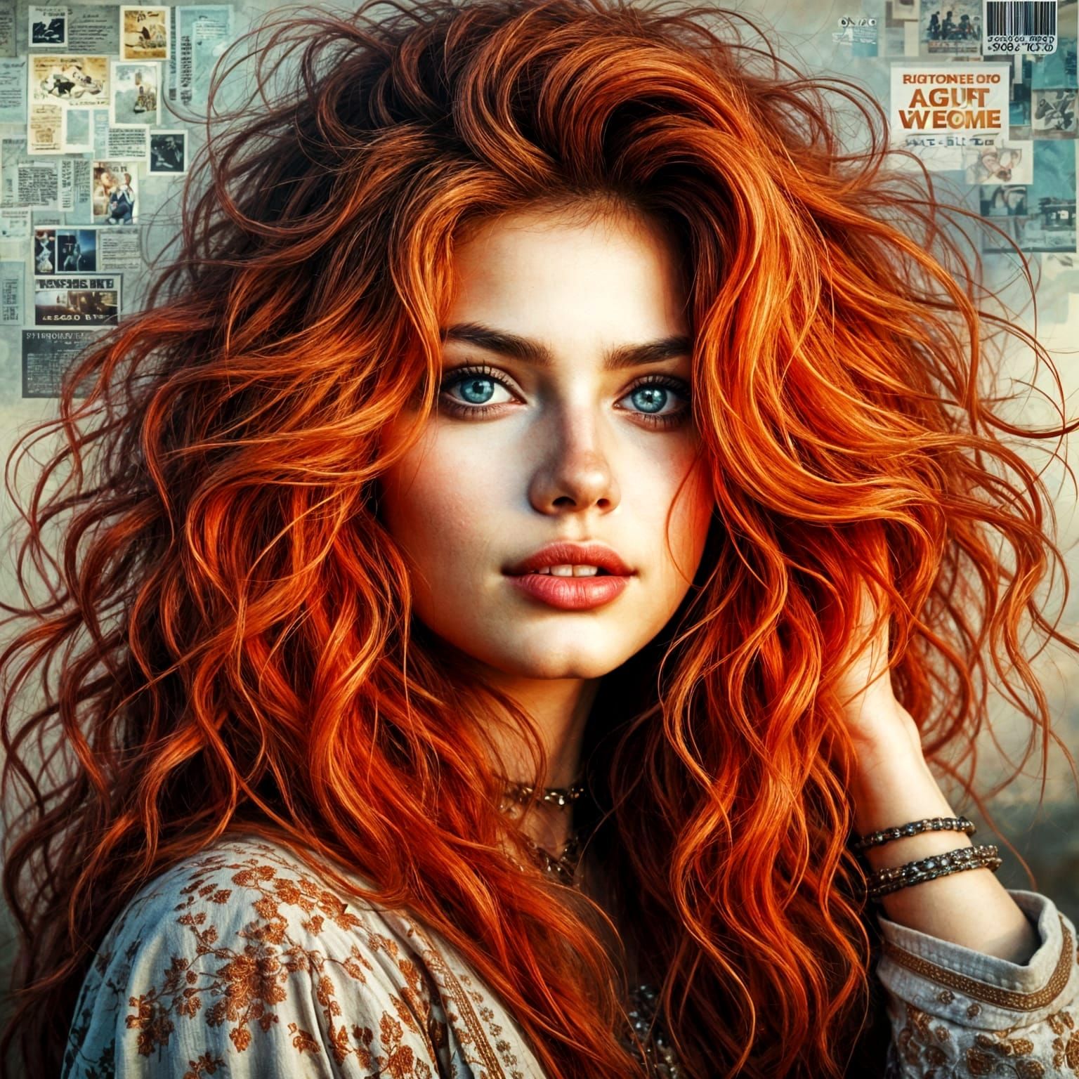 Scottish Pin-Up Woman with Red Hair in Glitch Art Style