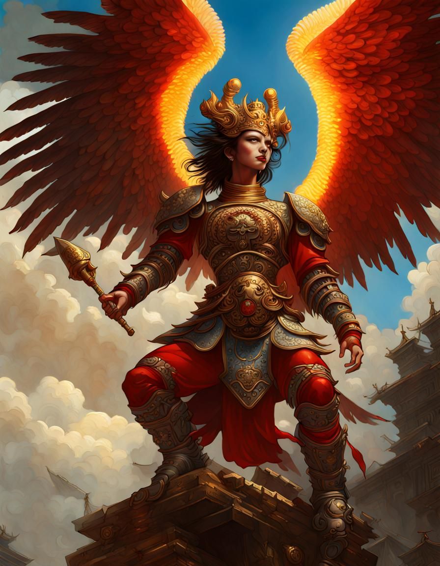 Angel Soaring Above Rakshasa in Digital Painting Style