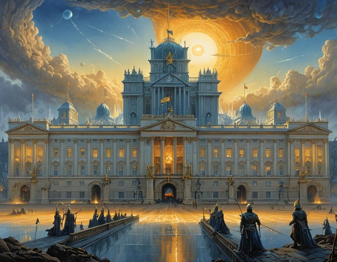 Buckingham Palace as Mystical Fortress in Dark Fantasy Style