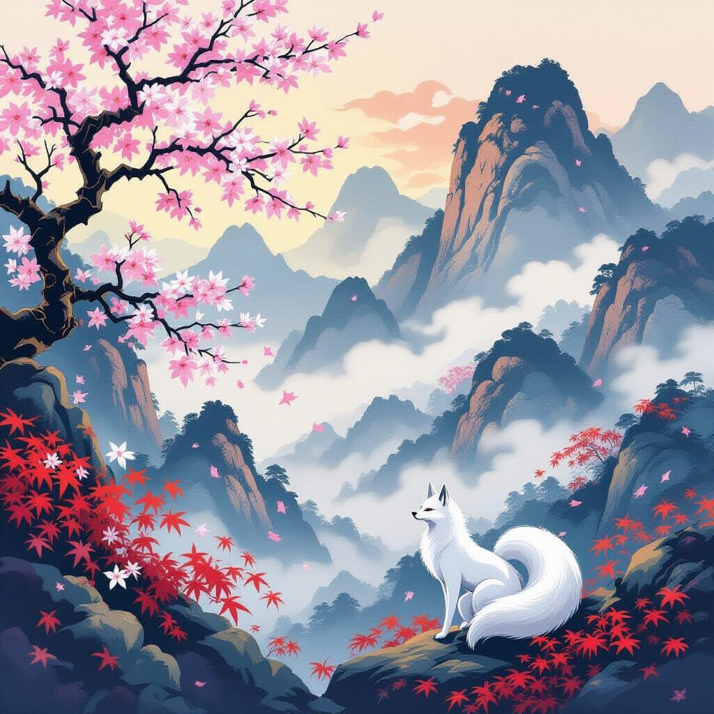 Mystical Kitsune in Serene Japanese Autumn Landscape