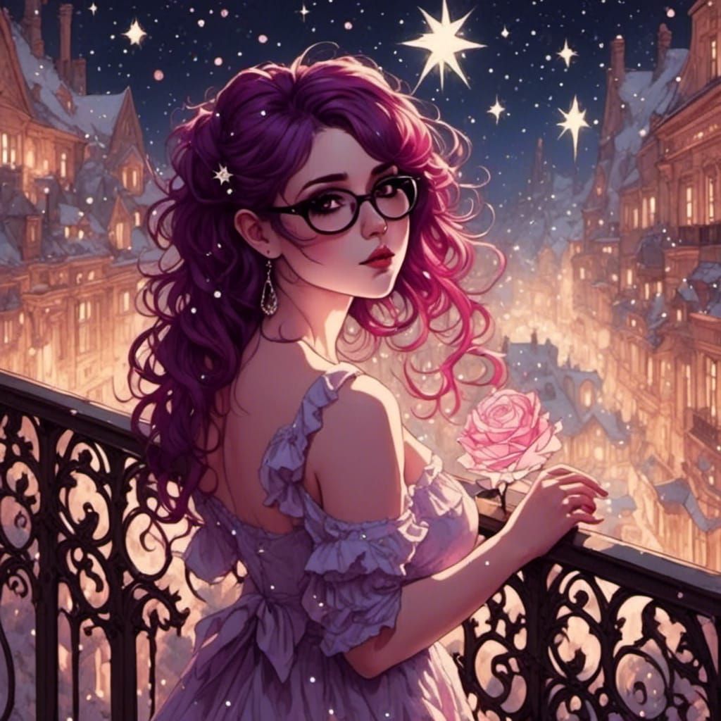 Ethereal Woman Gazing at Stars in Anime Style