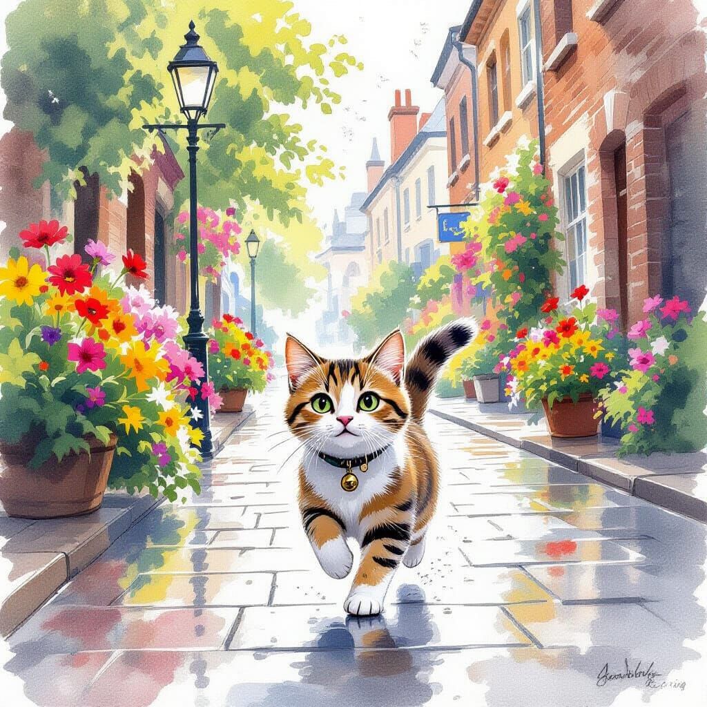 Cat Runs Through Rainy City, Watercolor Sketch
