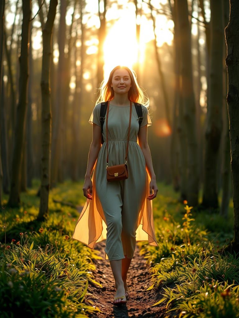 A Blonde Maiden Wades Through a Rainy Forest in a Flowing Go...