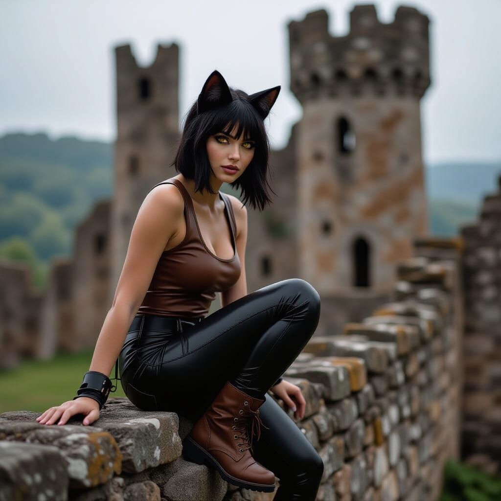 Woman with Cat Ears Climbs Ruined Castle Wall