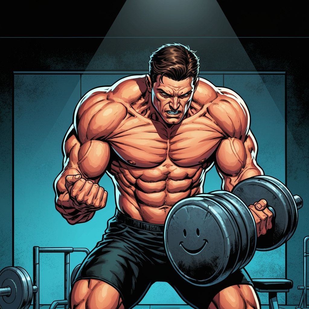 Muscular Man Lifts Dumbbell with Encouraging Face