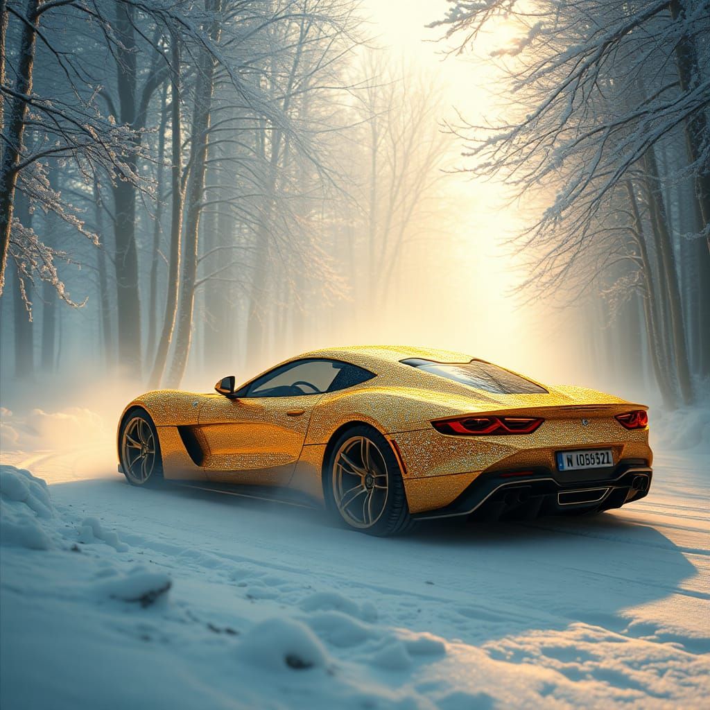 Gold and Diamond Car in Ethereal Forest