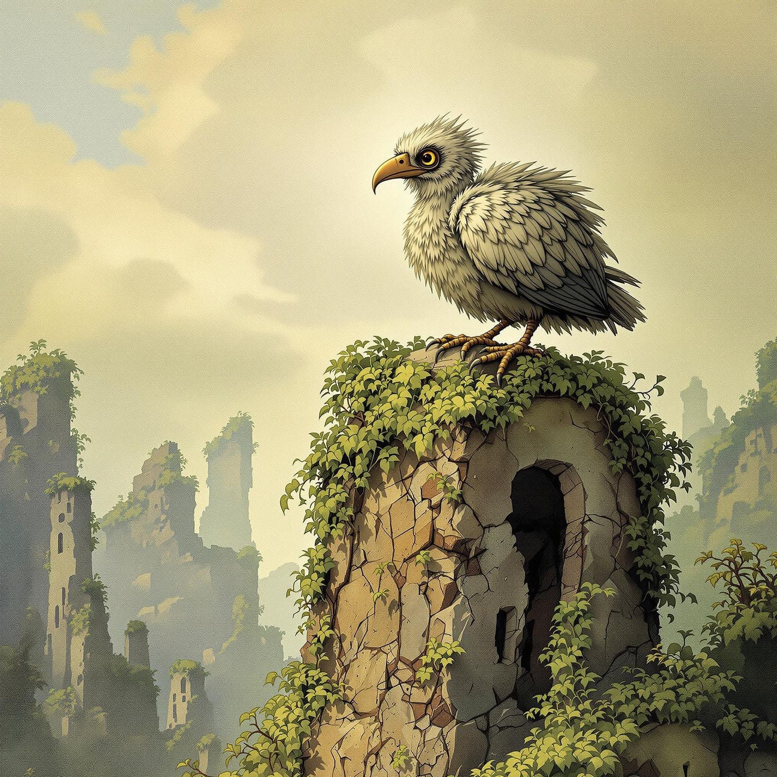 Dodo Bird on Ancient Ruin in Whimsical Fantasy Style