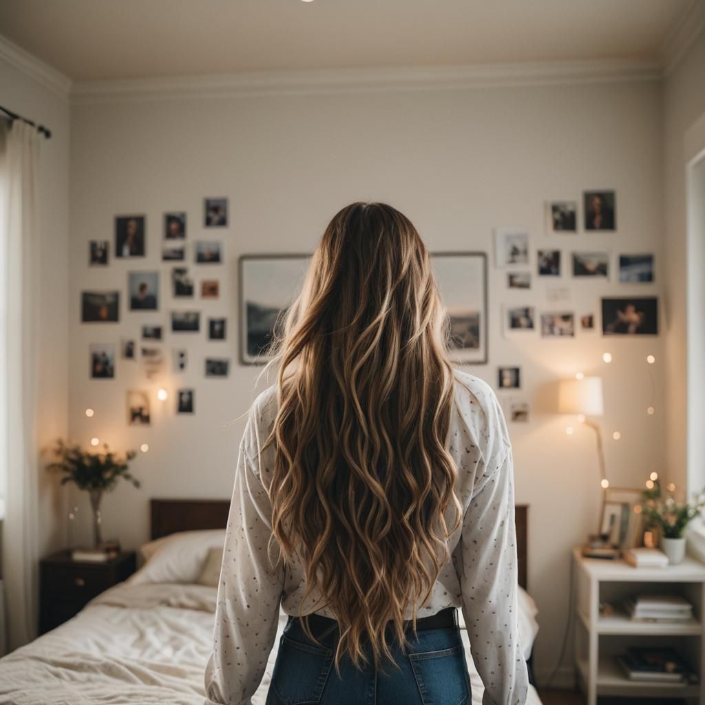 Young Woman in College Bedroom Back View