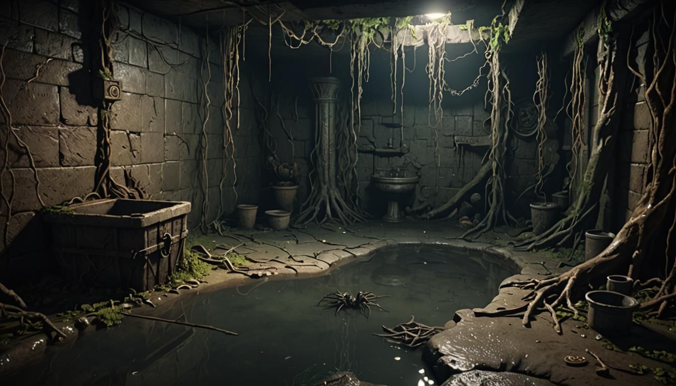 underground dungeon sewer with a water basin with floating w...
