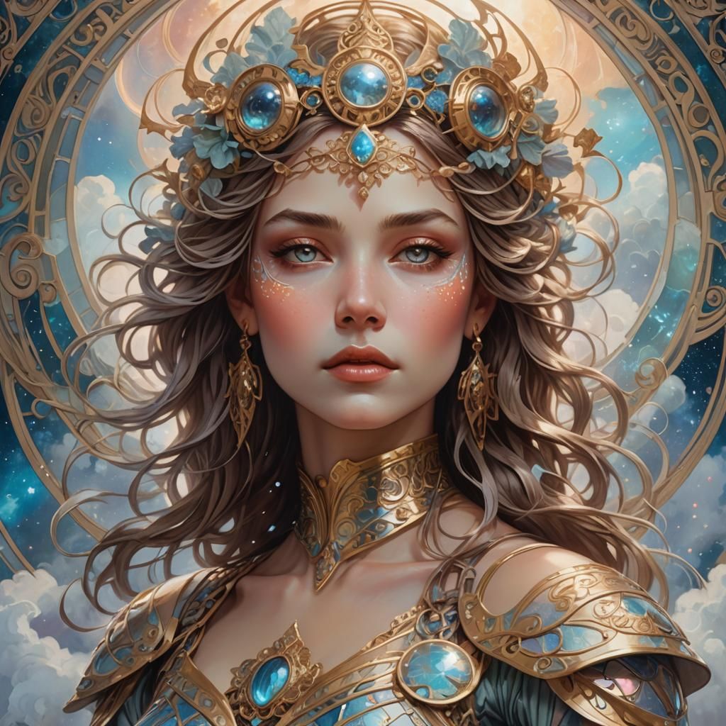 Ethereal Goddess in Celestial Armor, Art Nouveau Style
