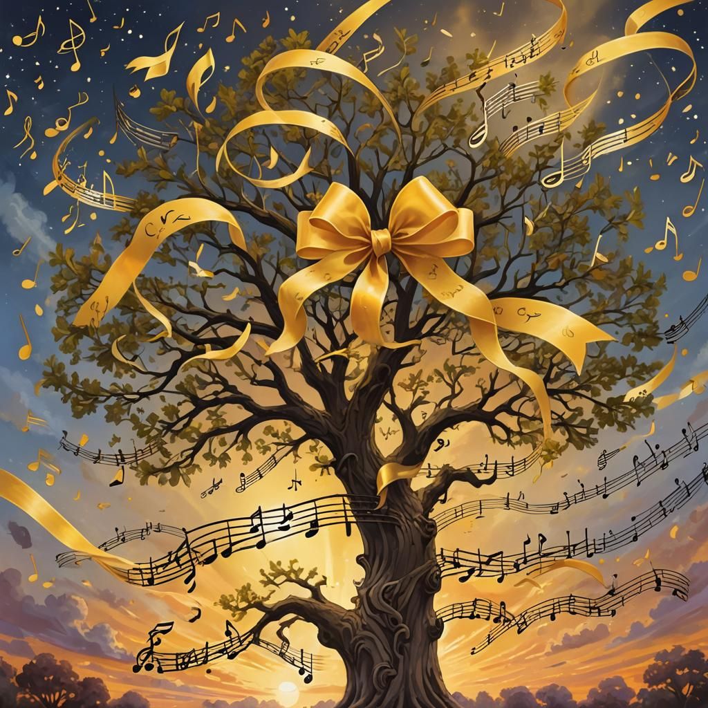 Oak Tree with Musical Notes in Watercolor Sunset