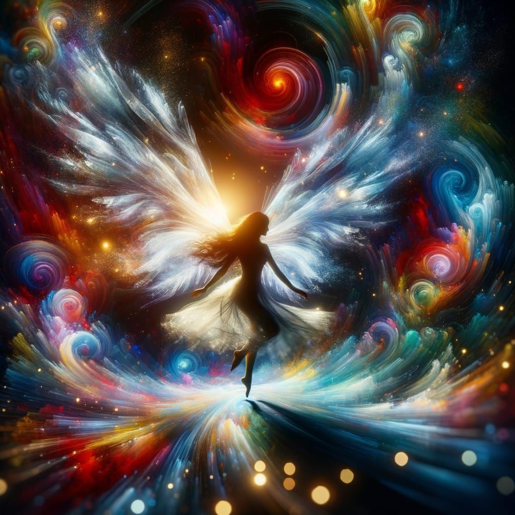 Ethereal Woman Spins with Vibrant Wings and Abstract Shapes