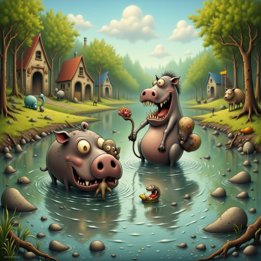 Pygmy Hippo Plays in River With Creature Friends