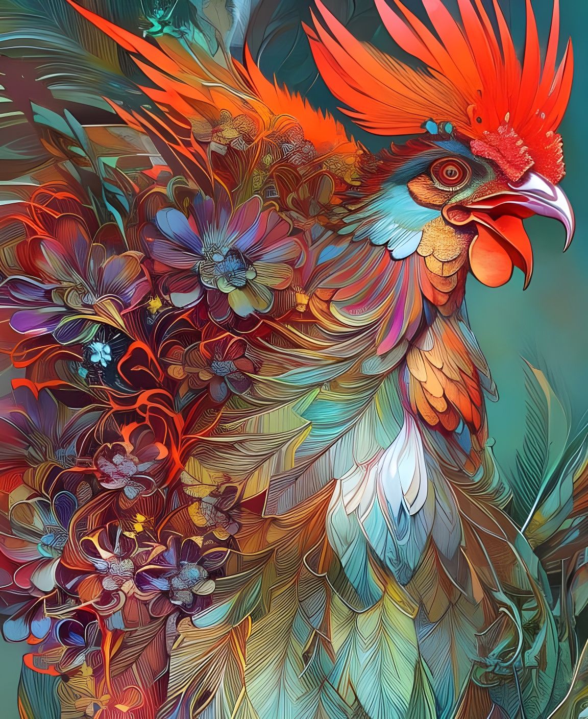 Rooster Portrait with Flowers and Nacreous Outlines