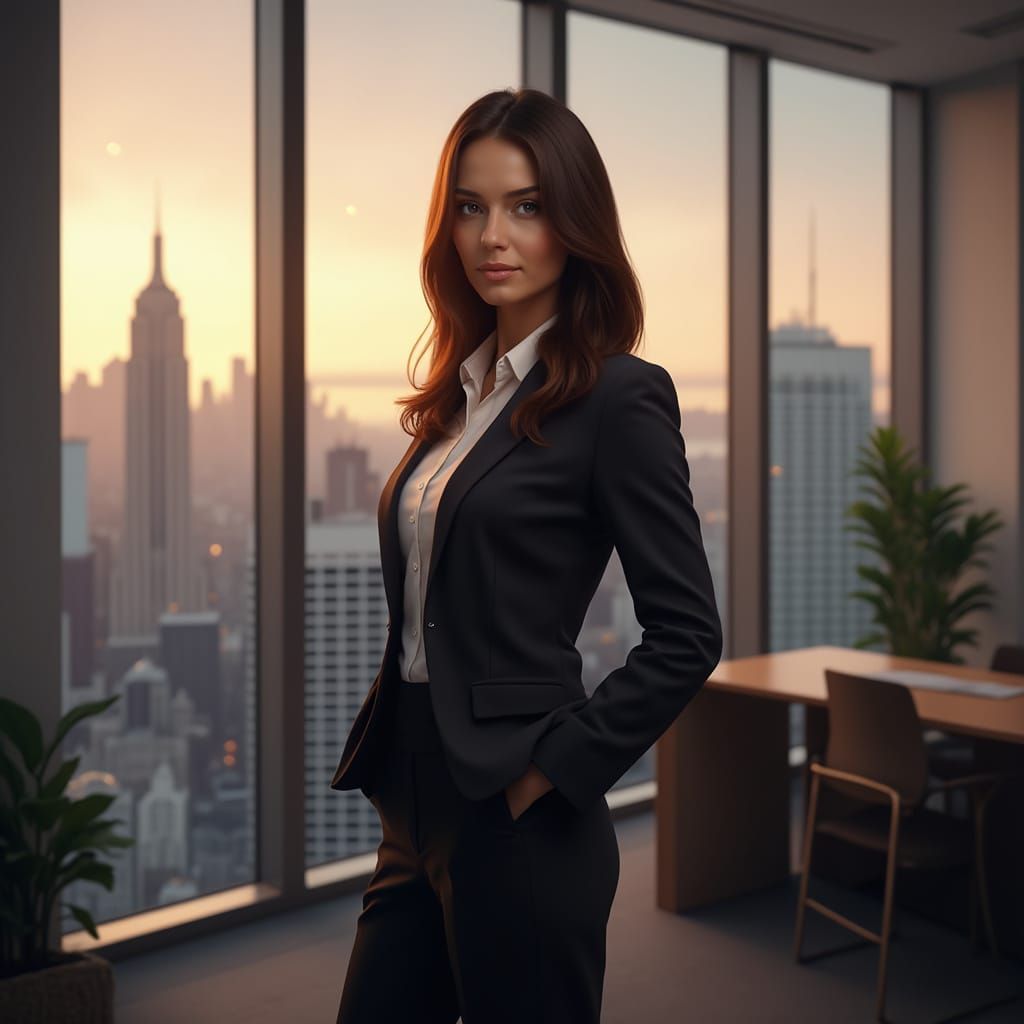 Hyperrealistic Woman in Corner Office at Dusk