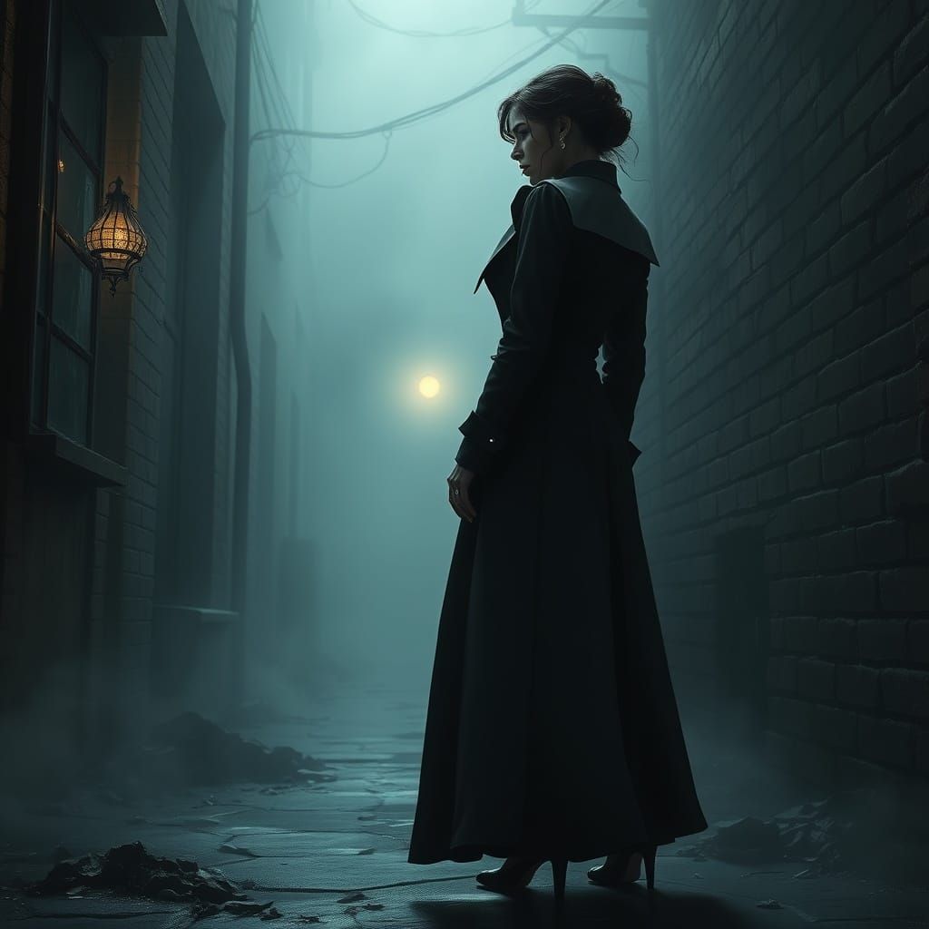 Eerie Victorian Woman in Misty Alleyway