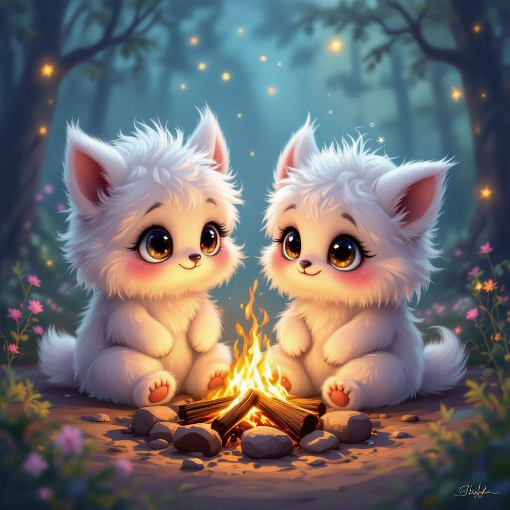 Cute Fantasy Creatures by Campfire in Enchanted Forest