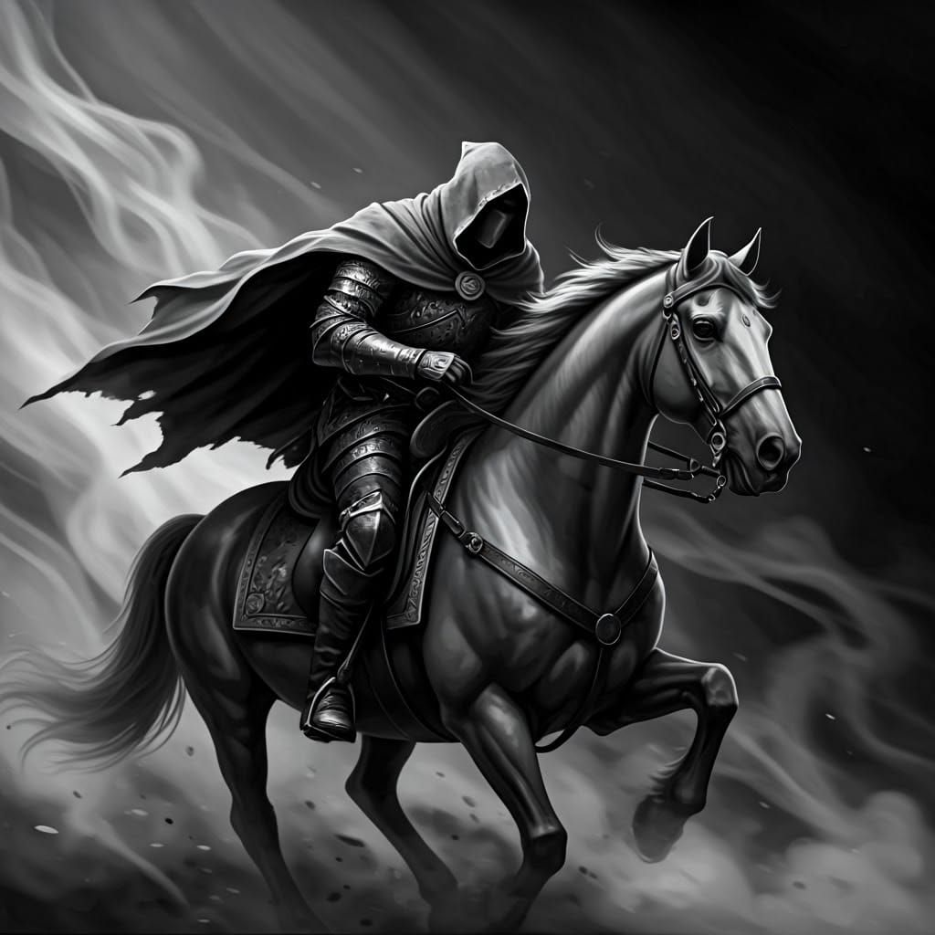 Black and white art of a hooded knight riding his horse in full gallop, smoke around him, detailed, in the style of fant...